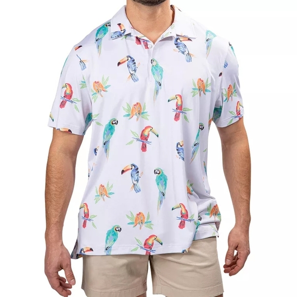 Chubbies The Birds Of Polodise Performance Polo Shirt Medium White Parrot Toucan - Picture 1 of 8